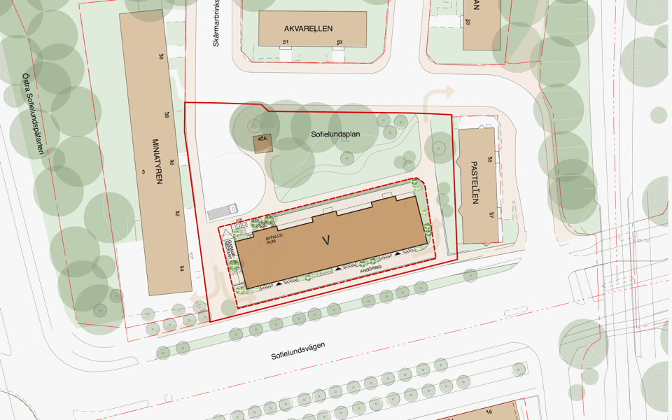Situationsplan över området med ny bebyggelse, illustration.